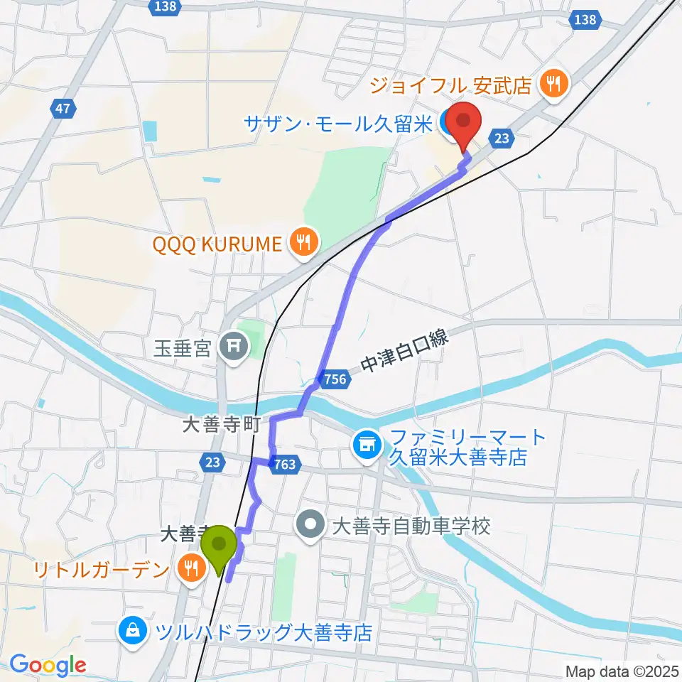 大善寺駅からちあき音楽教室 久留米教室へのルートマップ地図