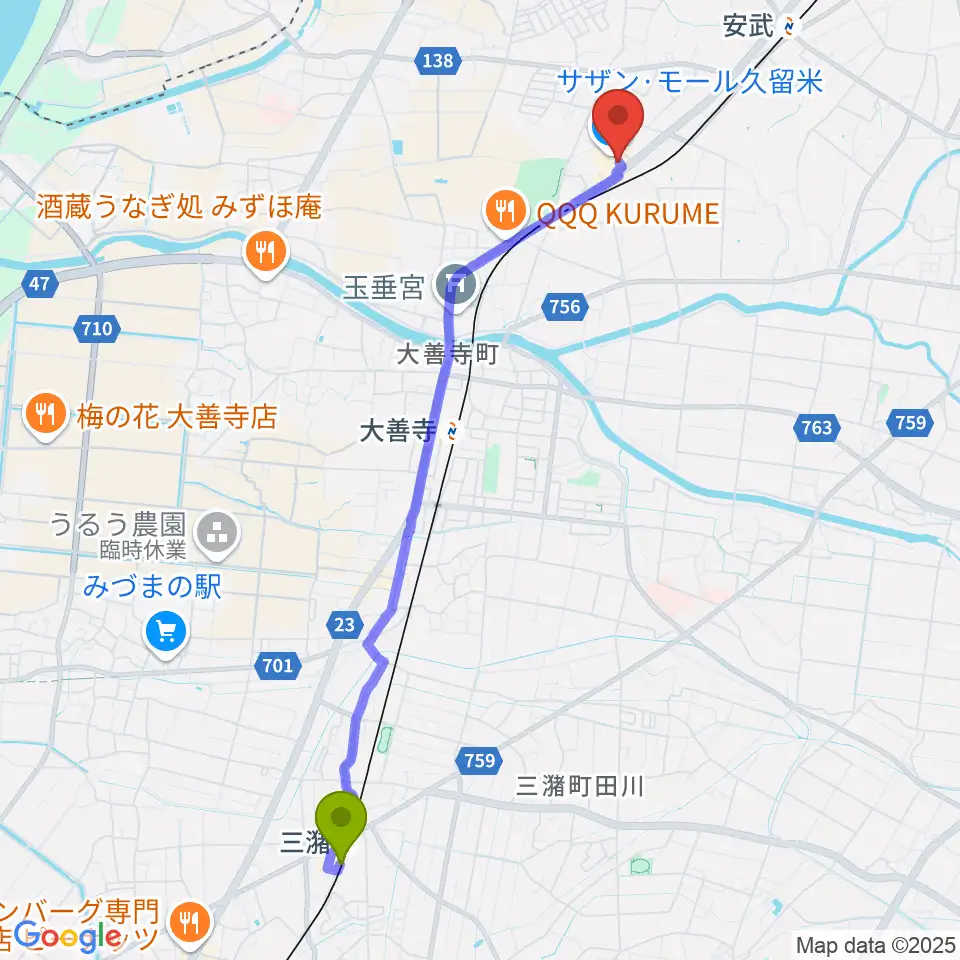 三潴駅からちあき音楽教室 久留米教室へのルートマップ地図