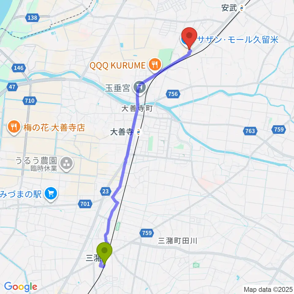 三潴駅からちあき音楽教室 久留米教室へのルートマップ地図