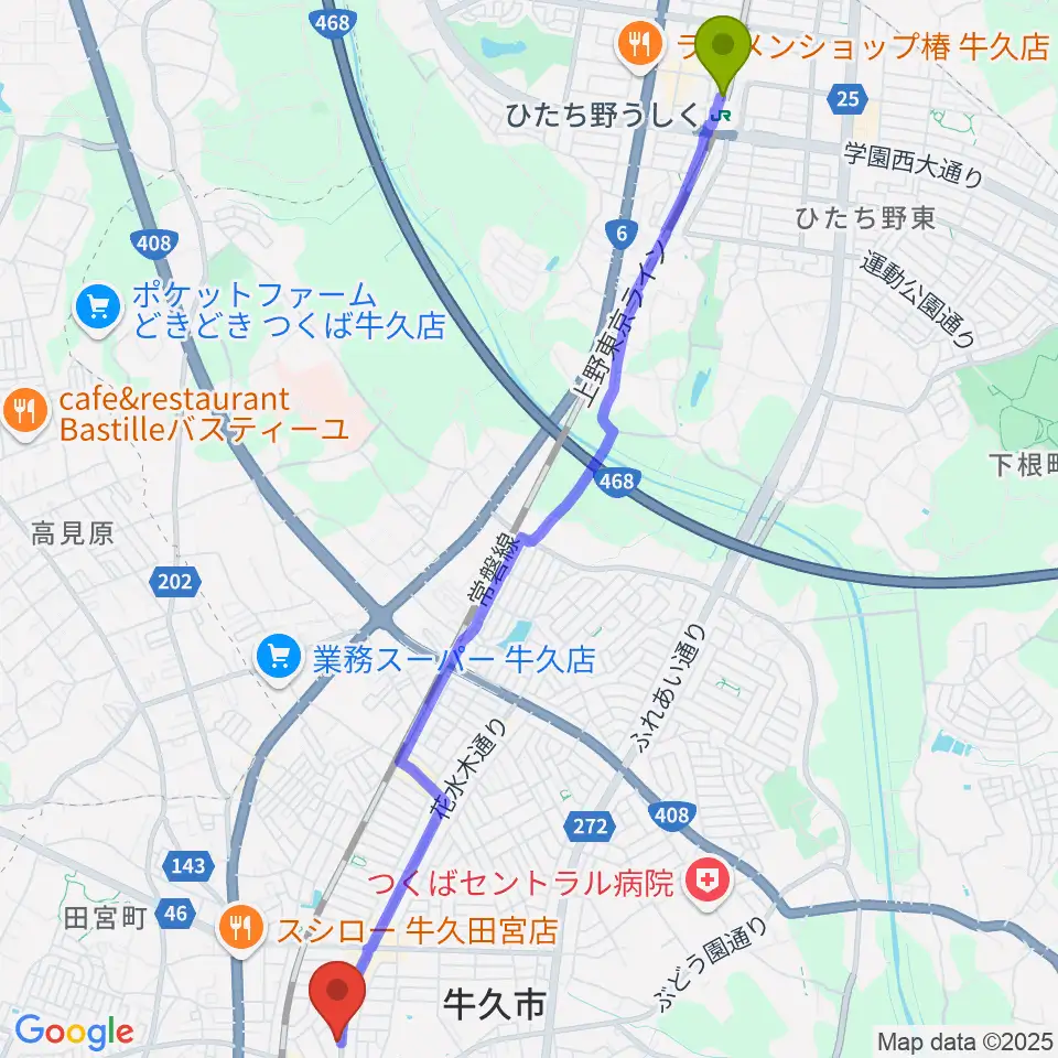 ひたち野うしく駅からセイワ楽器 牛久センターへのルートマップ地図