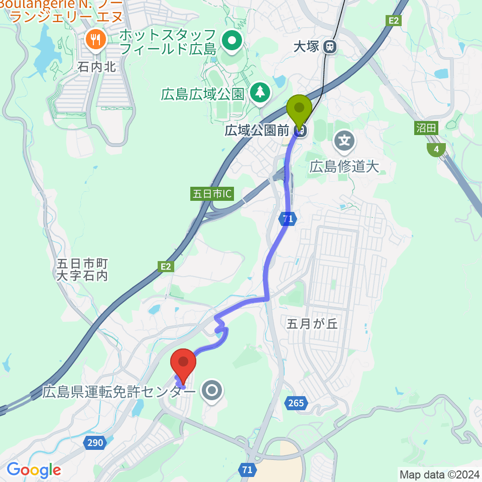 まえかわ音楽教室の最寄駅広域公園前駅からの徒歩ルート（約36分）地図