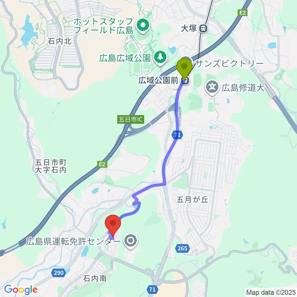 まえかわ音楽教室の最寄駅広域公園前駅からの徒歩ルート（約36分）地図
