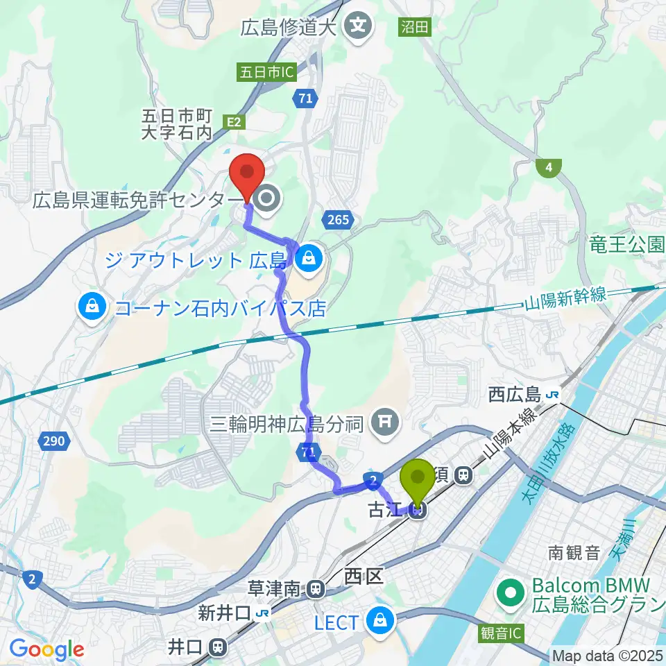 古江駅からまえかわ音楽教室へのルートマップ地図