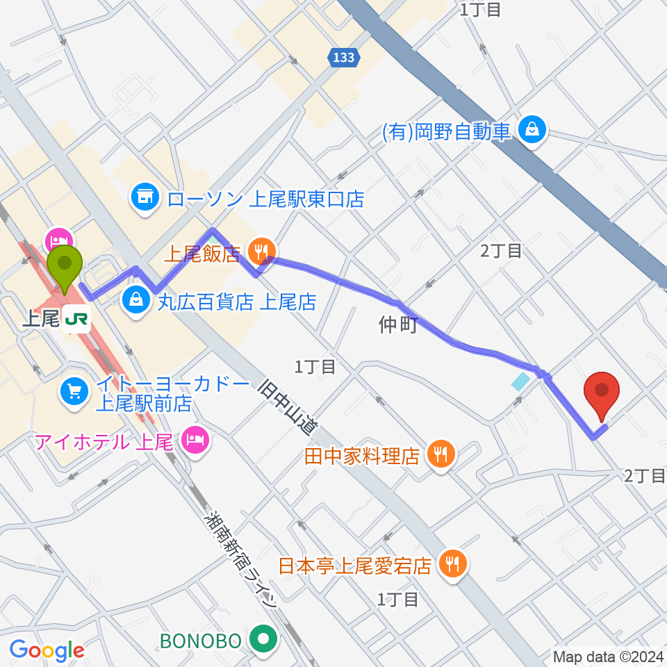 あたごピアノ教室の最寄駅上尾駅からの徒歩ルート（約13分）地図