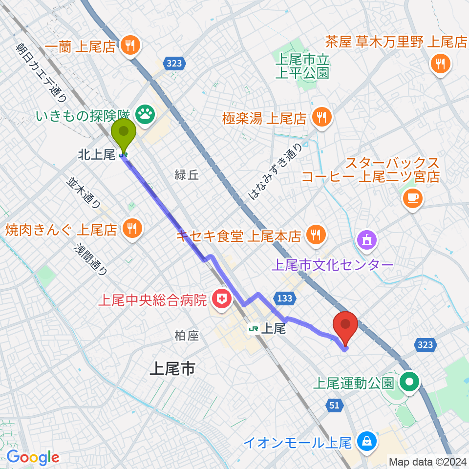 北上尾駅からあたごピアノ教室へのルートマップ地図