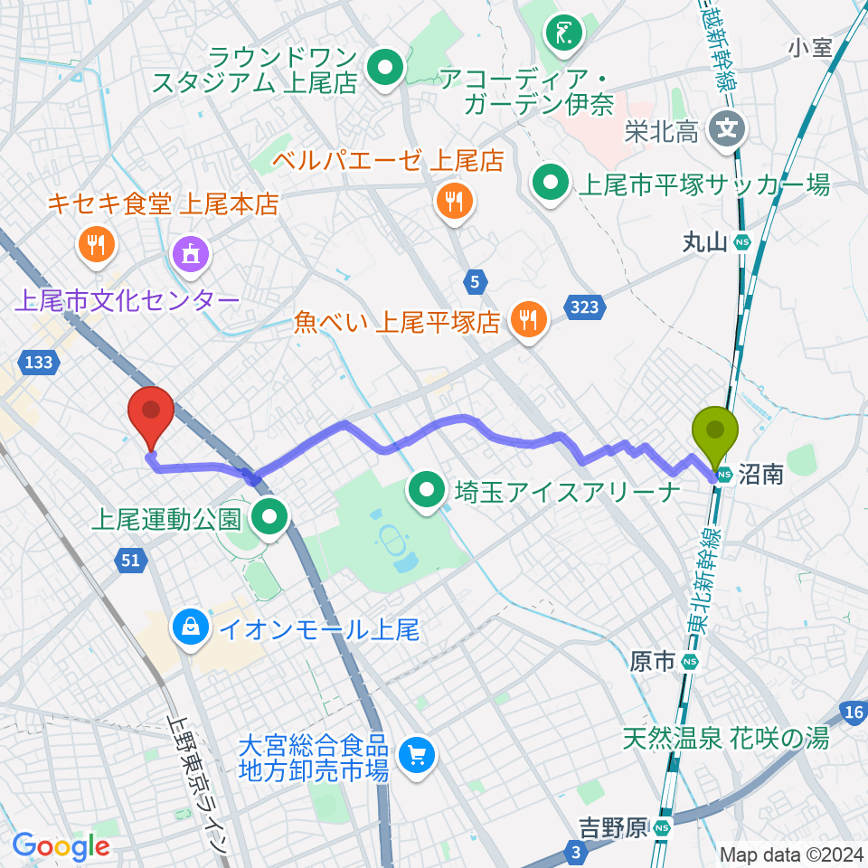 沼南駅からあたごピアノ教室へのルートマップ地図