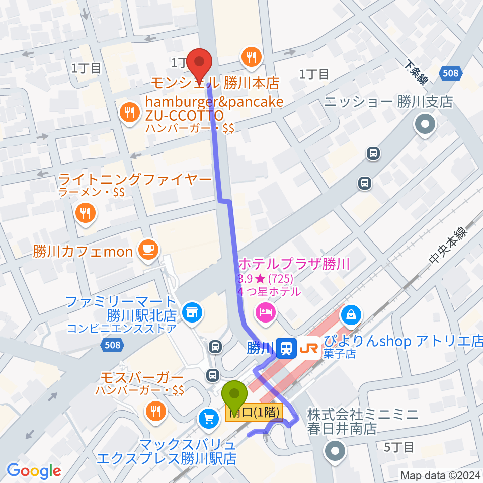 JUNSEI GUITARSの最寄駅勝川駅からの徒歩ルート（約5分）地図