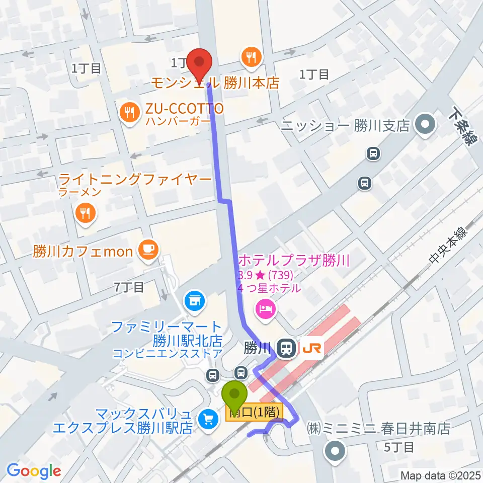 JUNSEI GUITARSの最寄駅勝川駅からの徒歩ルート（約5分）地図