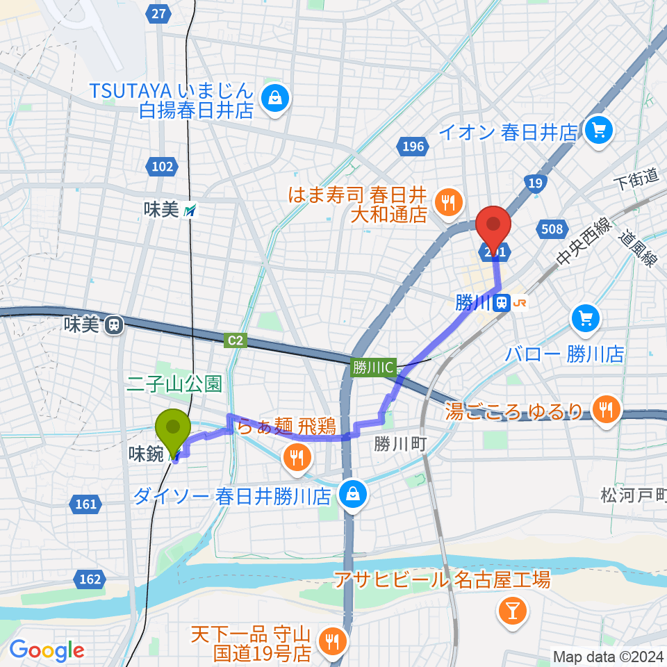 味鋺駅からJUNSEI GUITARSへのルートマップ地図