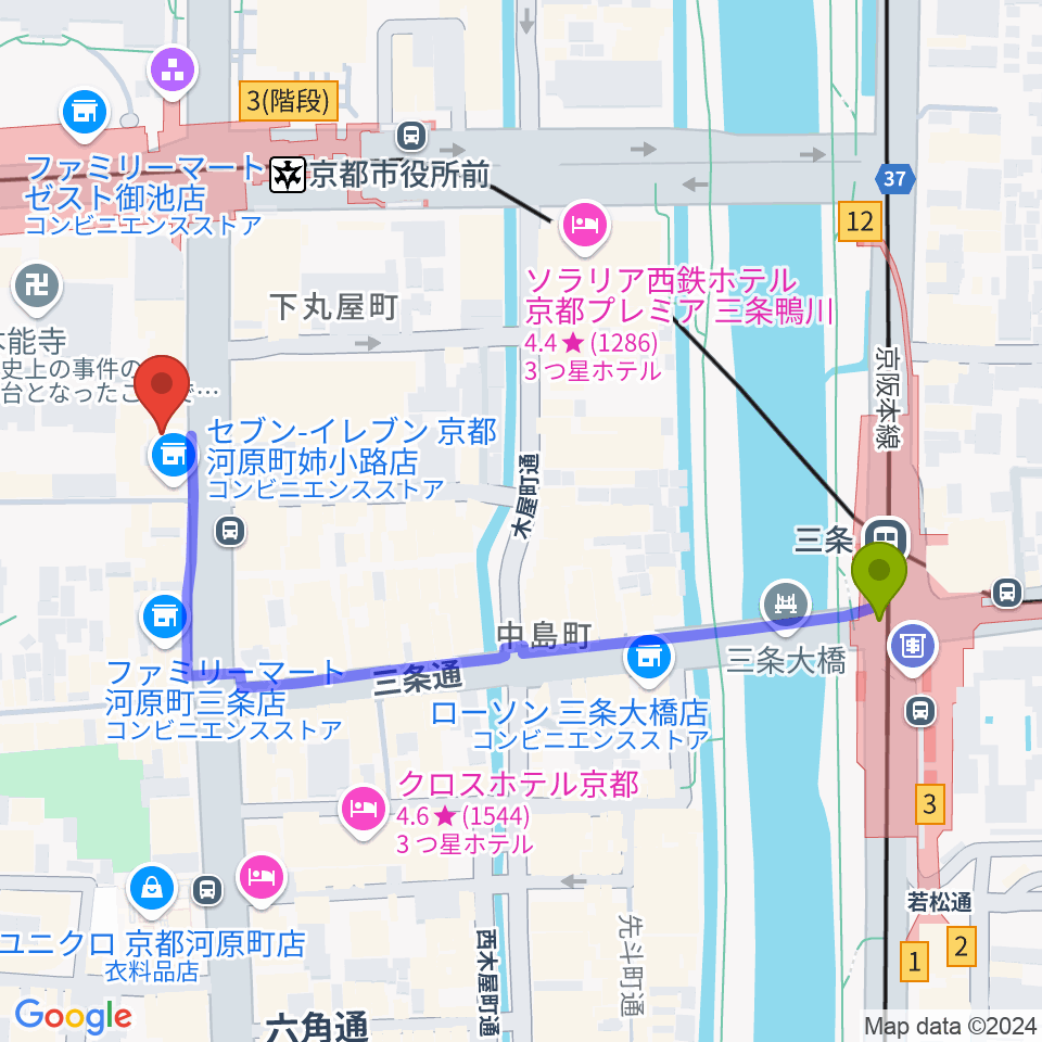 三条駅からロキシーミュージックスクール京都三条校へのルートマップ地図