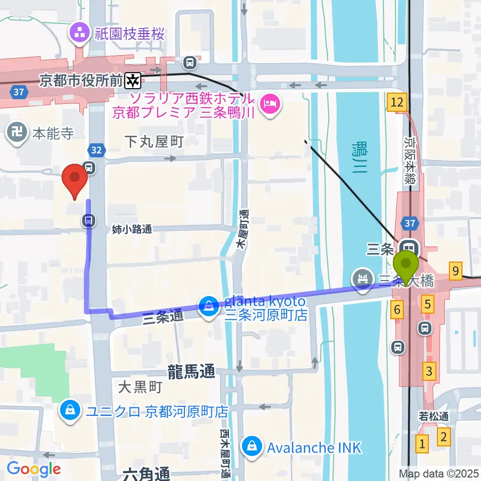三条駅からロキシーミュージックスクール京都三条校へのルートマップ地図