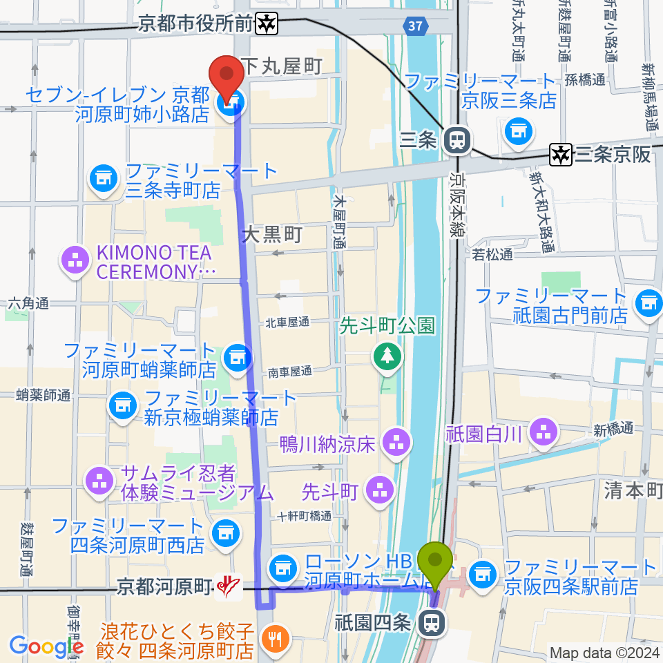 祇園四条駅からロキシーミュージックスクール京都三条校へのルートマップ地図