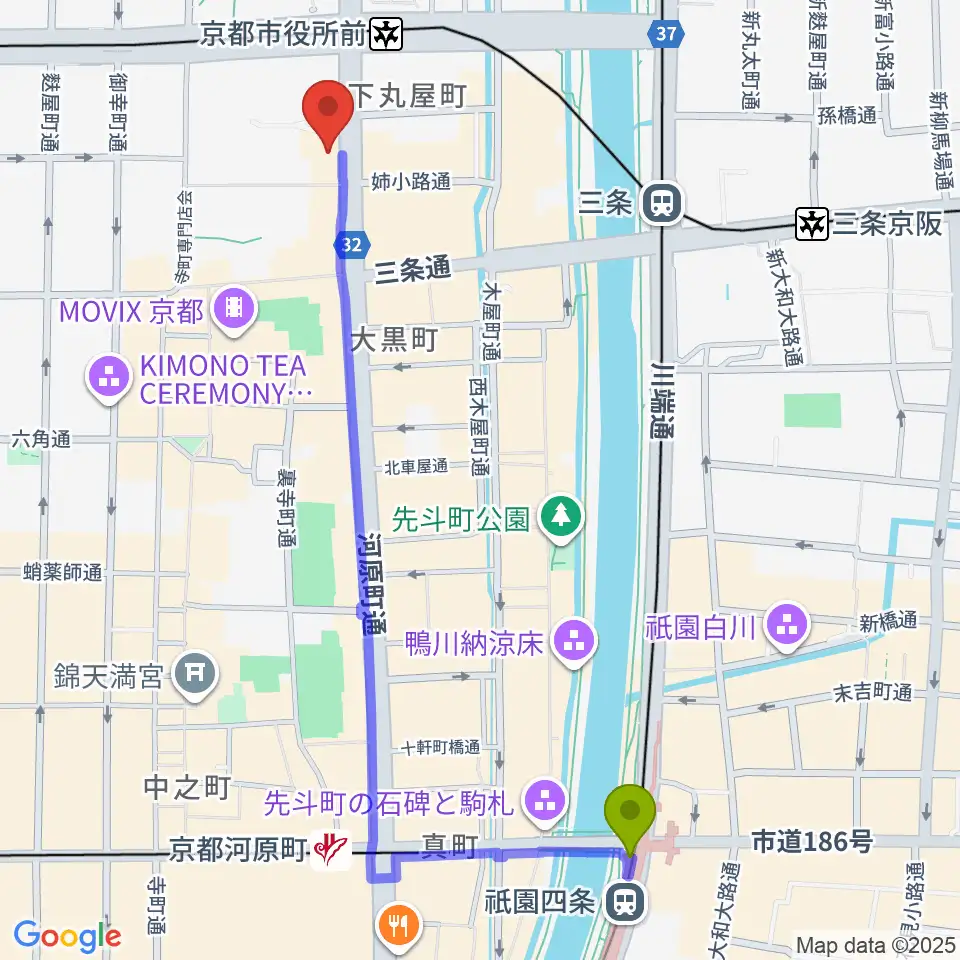 祇園四条駅からロキシーミュージックスクール京都三条校へのルートマップ地図
