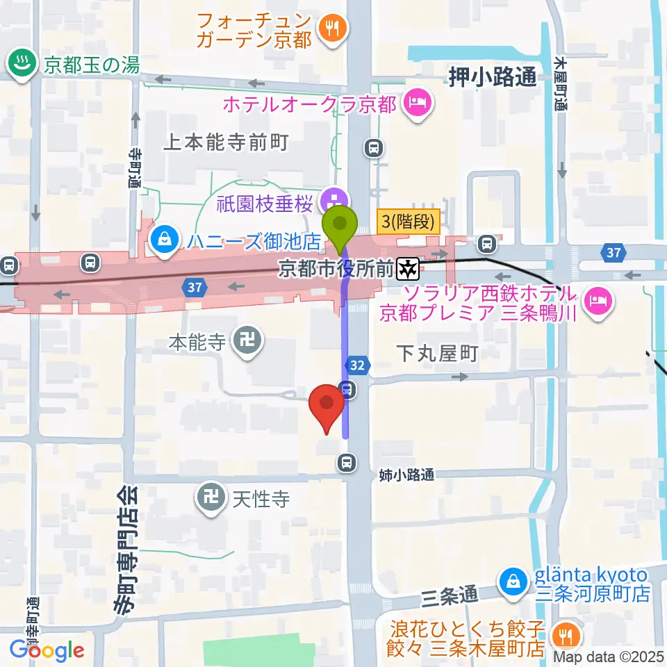 ロキシーミュージックスクール京都三条校の最寄駅京都市役所前駅からの徒歩ルート（約2分）地図