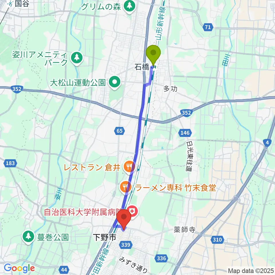 石橋駅から自治医大センター ヤマハミュージックへのルートマップ地図
