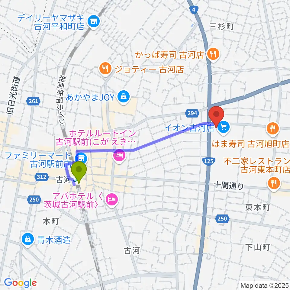 イオン古河センター ヤマハミュージックの最寄駅古河駅からの徒歩ルート（約16分）地図