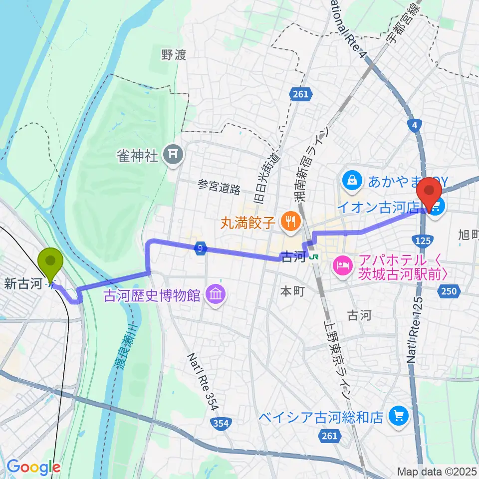 新古河駅からイオン古河センター ヤマハミュージックへのルートマップ地図