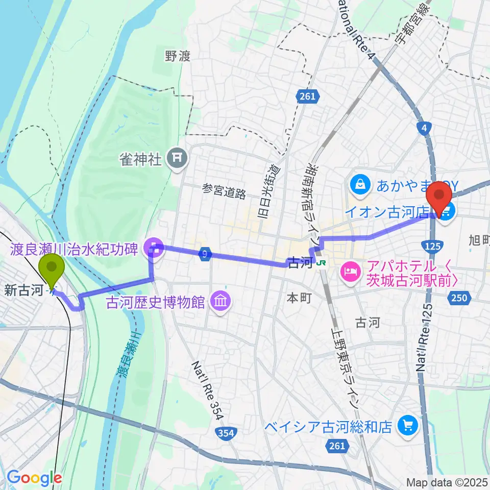 新古河駅からイオン古河センター ヤマハミュージックへのルートマップ地図