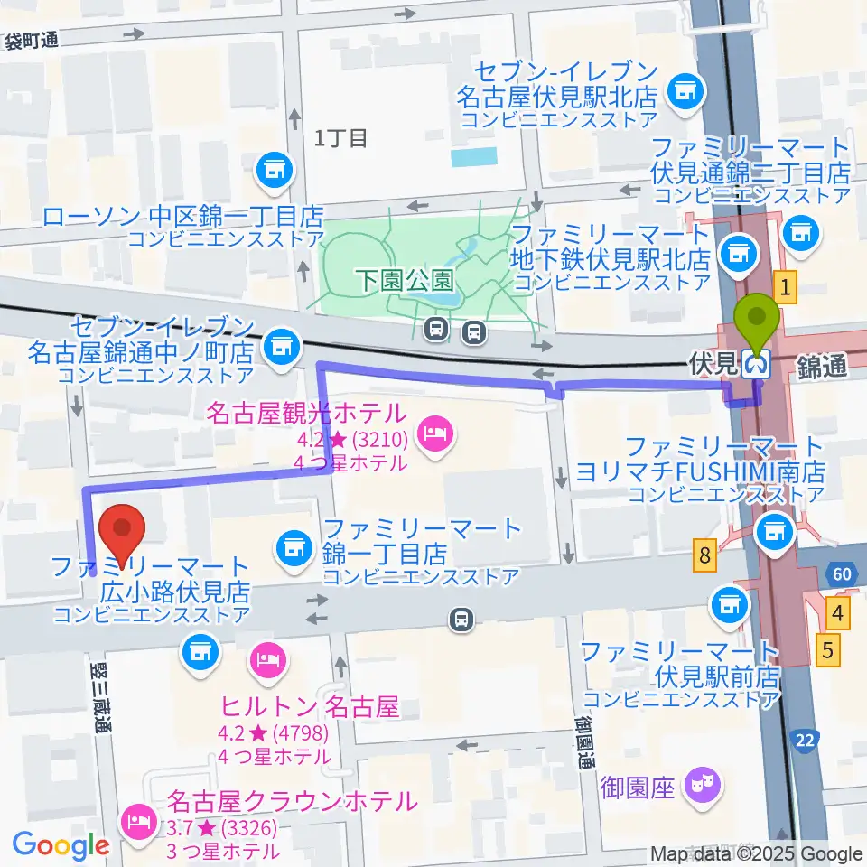 ヤマハミュージック 名古屋店の最寄駅伏見駅からの徒歩ルート（約6分）地図