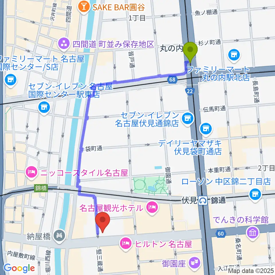 丸の内駅からヤマハミュージック 名古屋店へのルートマップ地図