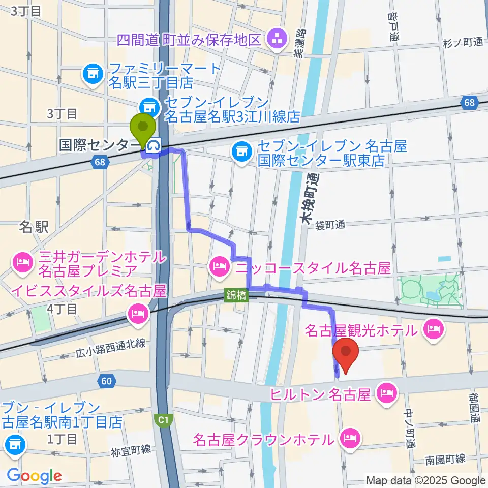 国際センター駅からヤマハミュージック 名古屋店へのルートマップ地図