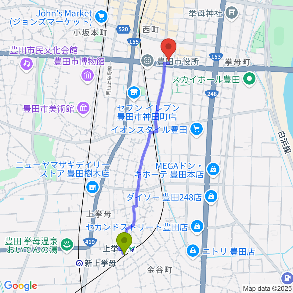 上挙母駅から第一楽器 豊田元城店へのルートマップ地図