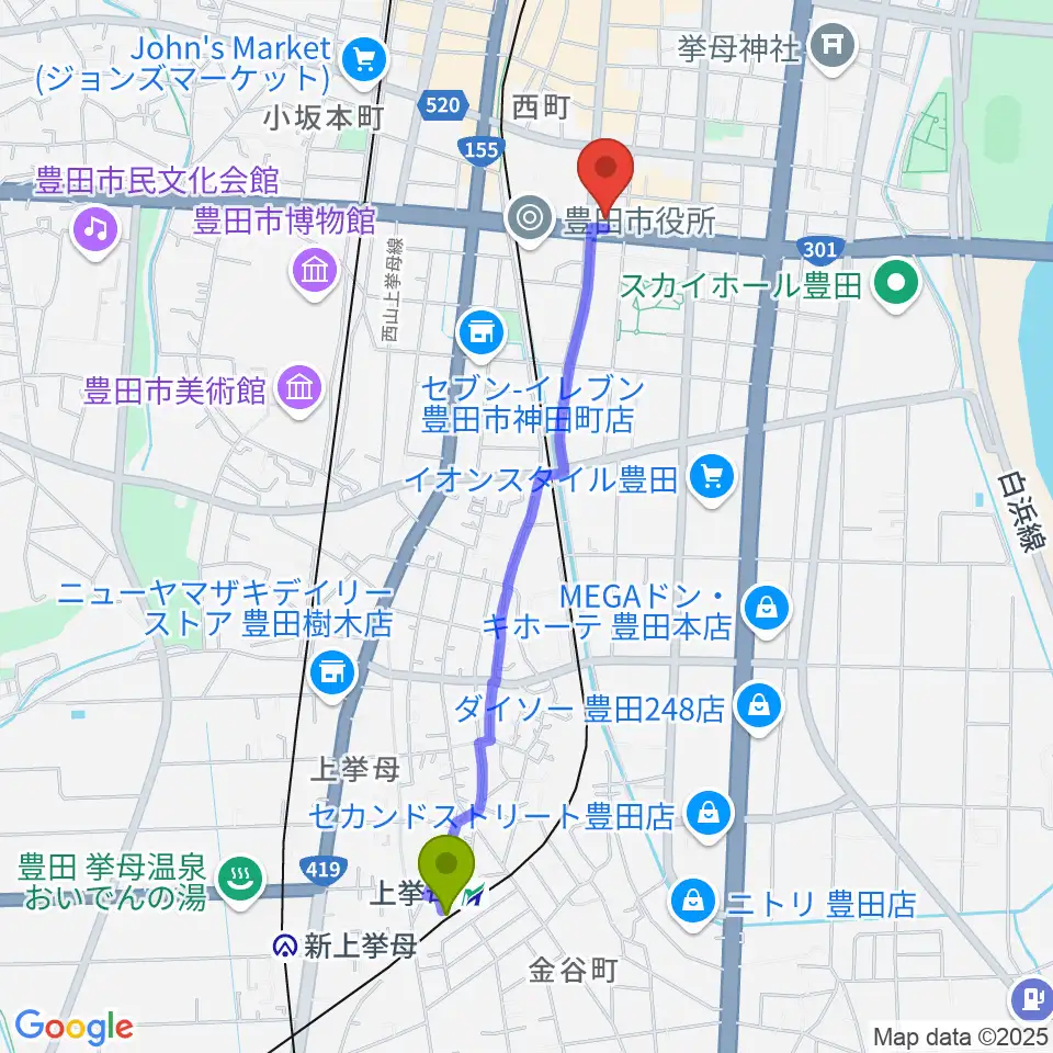 上挙母駅から第一楽器 豊田元城店へのルートマップ地図