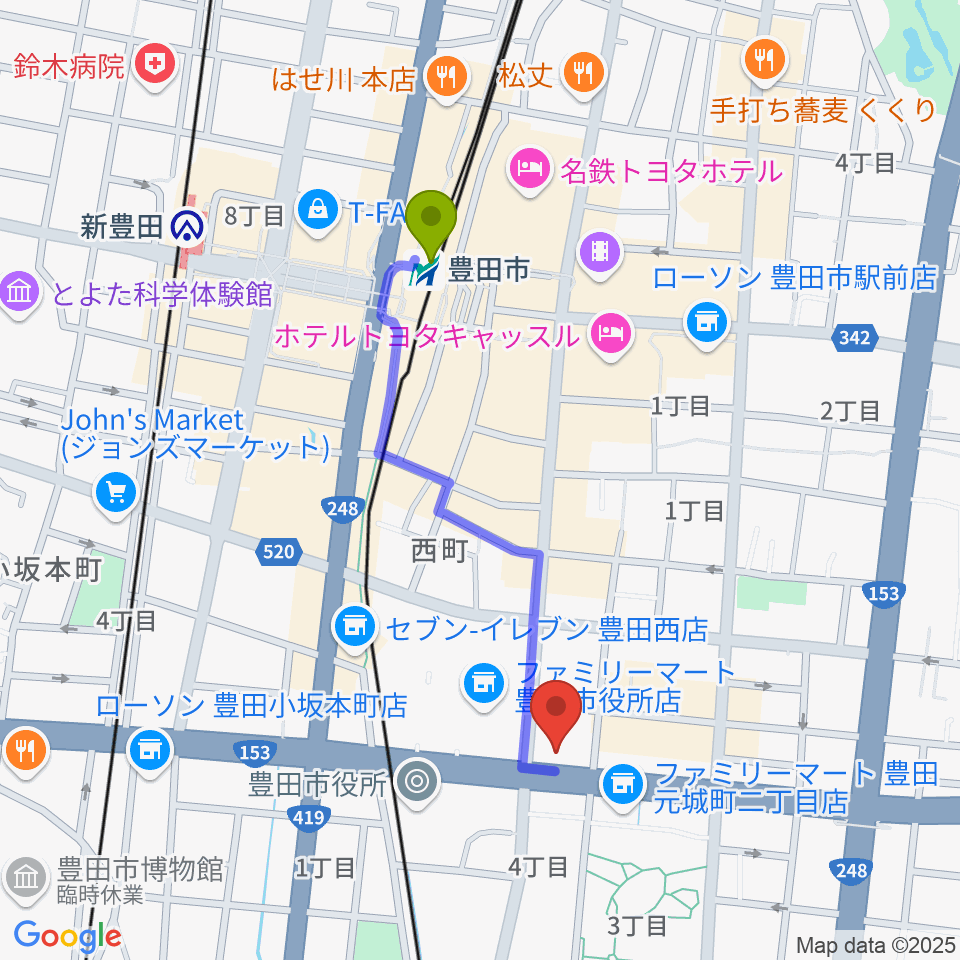 第一楽器 豊田元城店の最寄駅豊田市駅からの徒歩ルート（約8分）地図