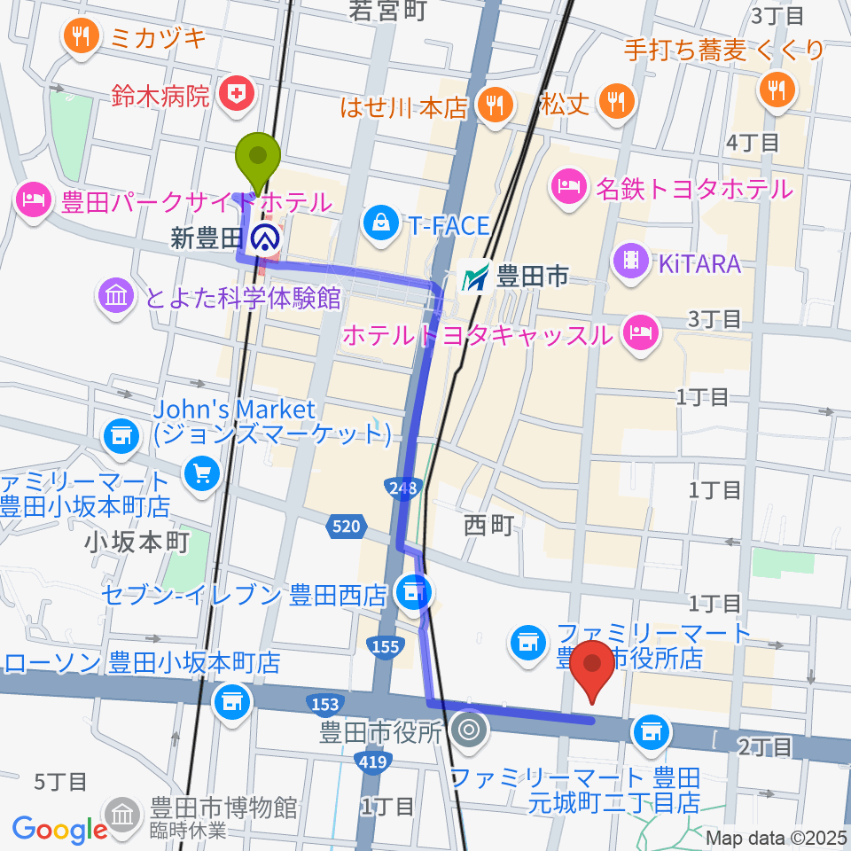 新豊田駅から第一楽器 豊田元城店へのルートマップ地図