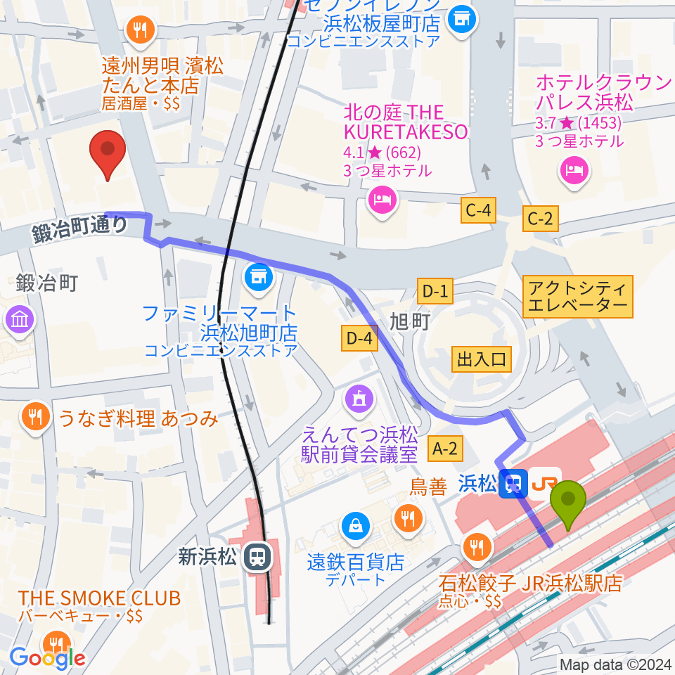 浜松駅からヤマハミュージック 浜松店へのルートマップ地図