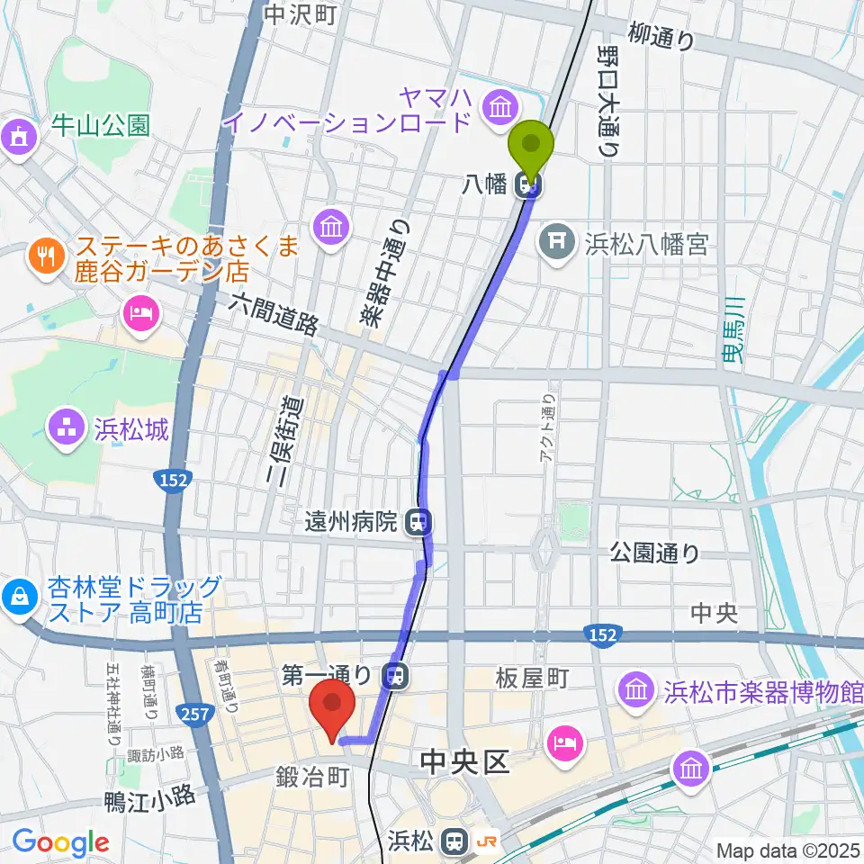 八幡駅からヤマハミュージック 浜松店へのルートマップ地図