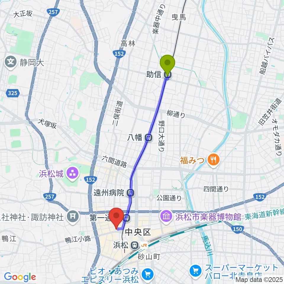 助信駅からヤマハミュージック 浜松店へのルートマップ地図