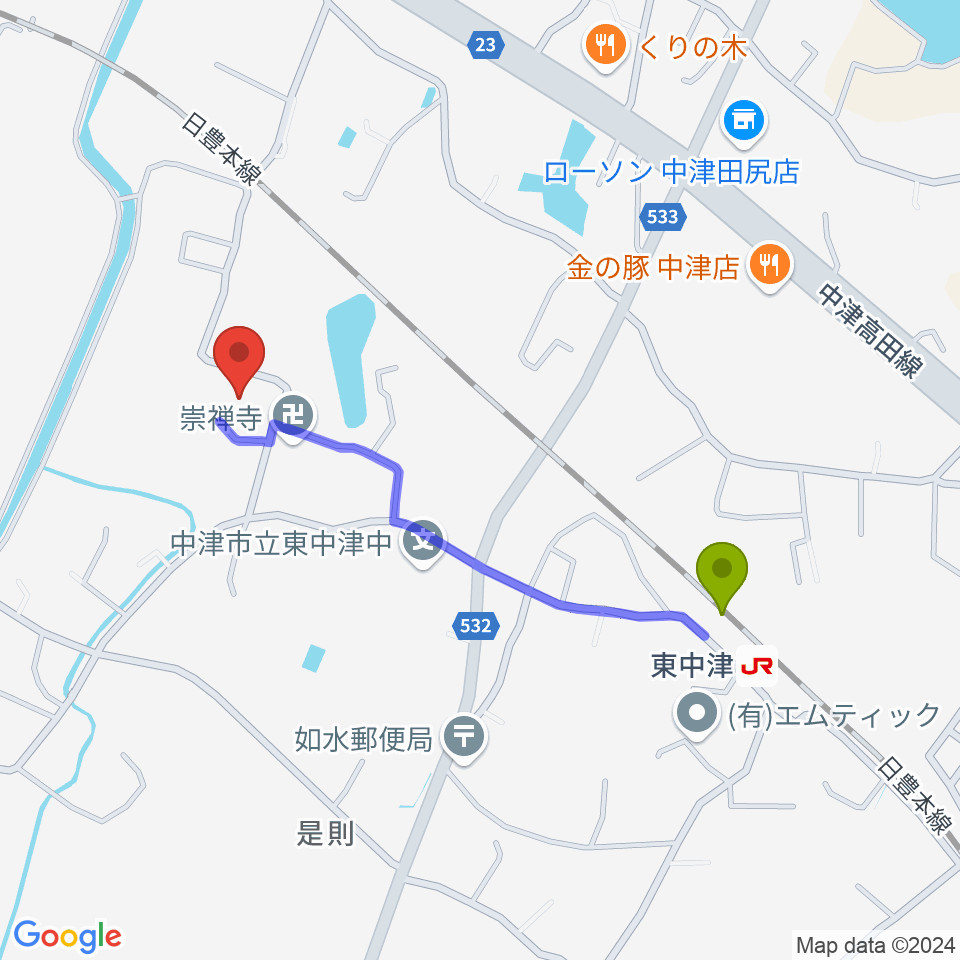 REIKOピアノ教室の最寄駅東中津駅からの徒歩ルート（約9分）地図