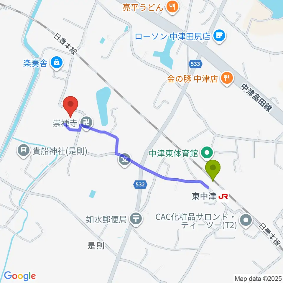 REIKOピアノ教室の最寄駅東中津駅からの徒歩ルート（約9分）地図