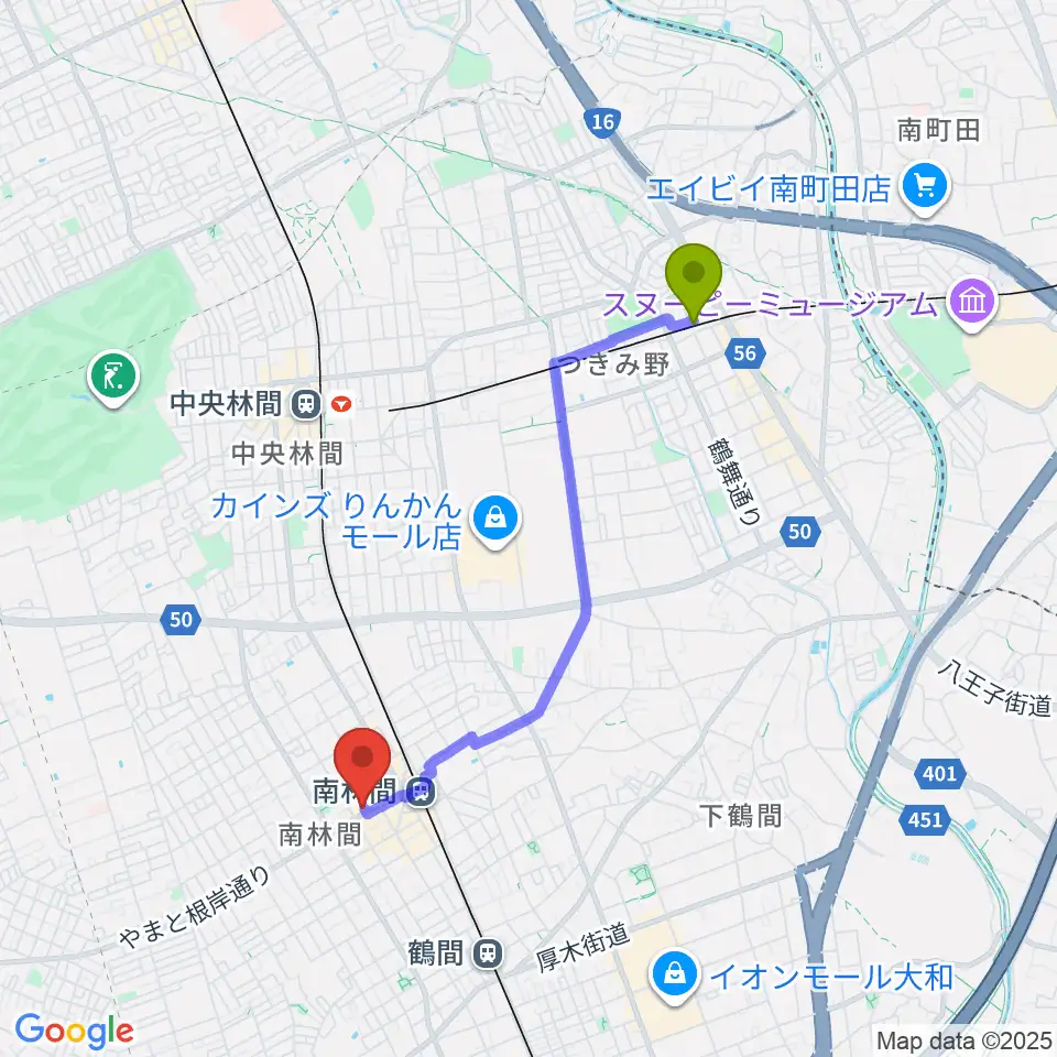 つきみ野駅からみゆき音楽アトリエへのルートマップ地図
