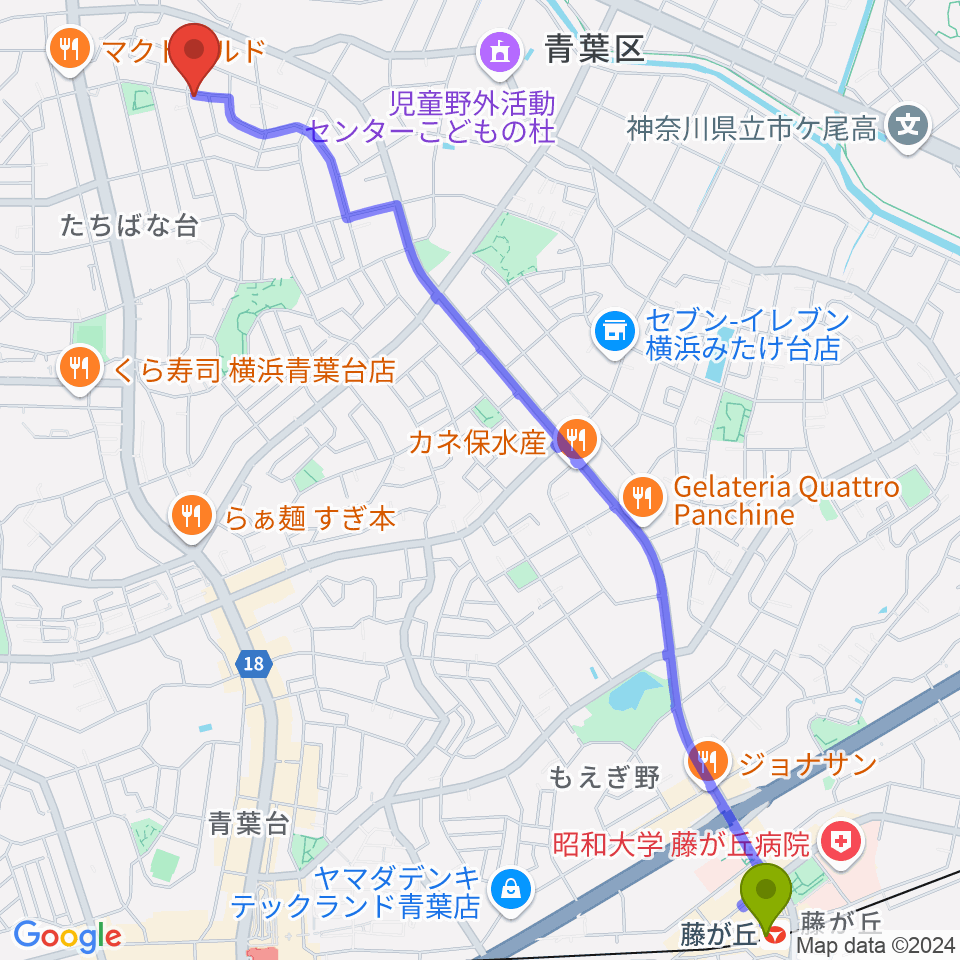 藤が丘駅から野村ピアノ教室へのルートマップ地図