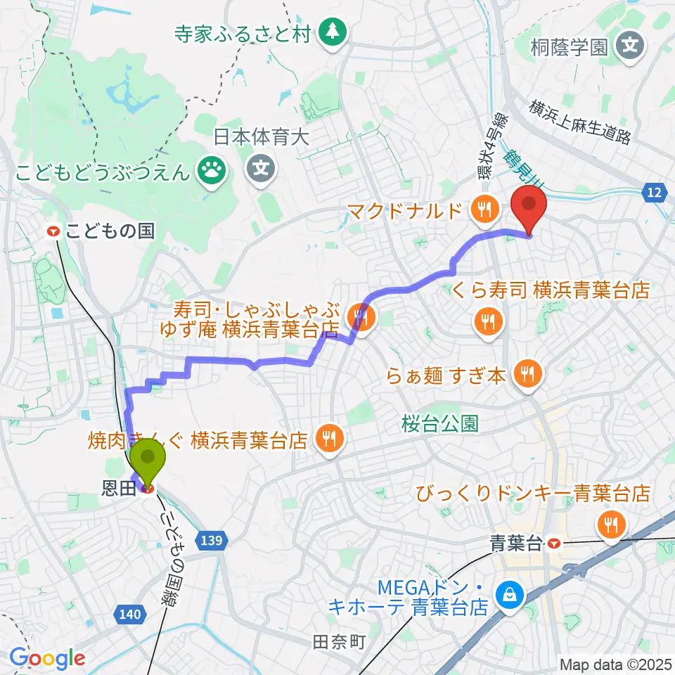 恩田駅から野村ピアノ教室へのルートマップ地図