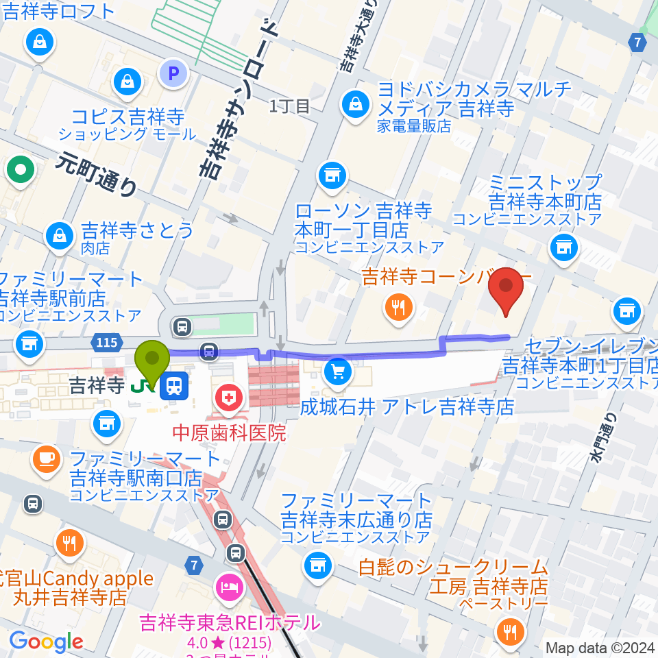 シャコンヌ東京吉祥寺店の最寄駅吉祥寺駅からの徒歩ルート（約4分）地図