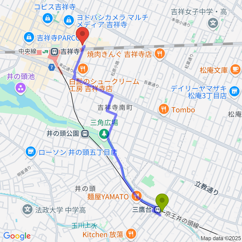 三鷹台駅からシャコンヌ東京吉祥寺店へのルートマップ地図