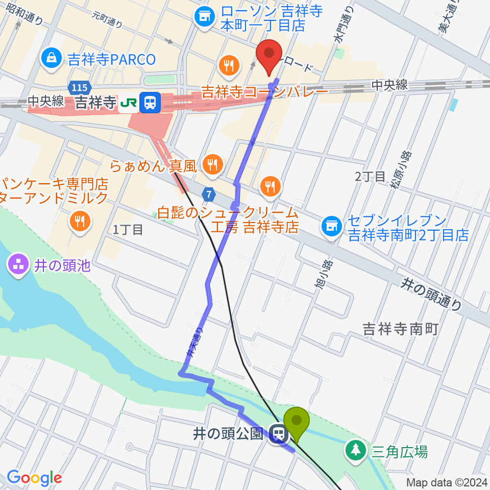 井の頭公園駅からシャコンヌ東京吉祥寺店へのルートマップ地図