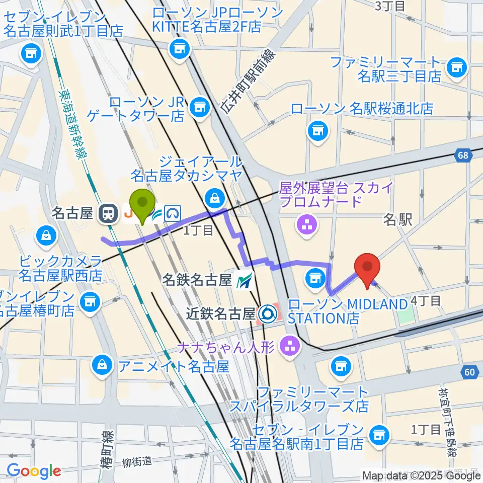 名古屋駅からミュージックアベニュー名駅へのルートマップ地図