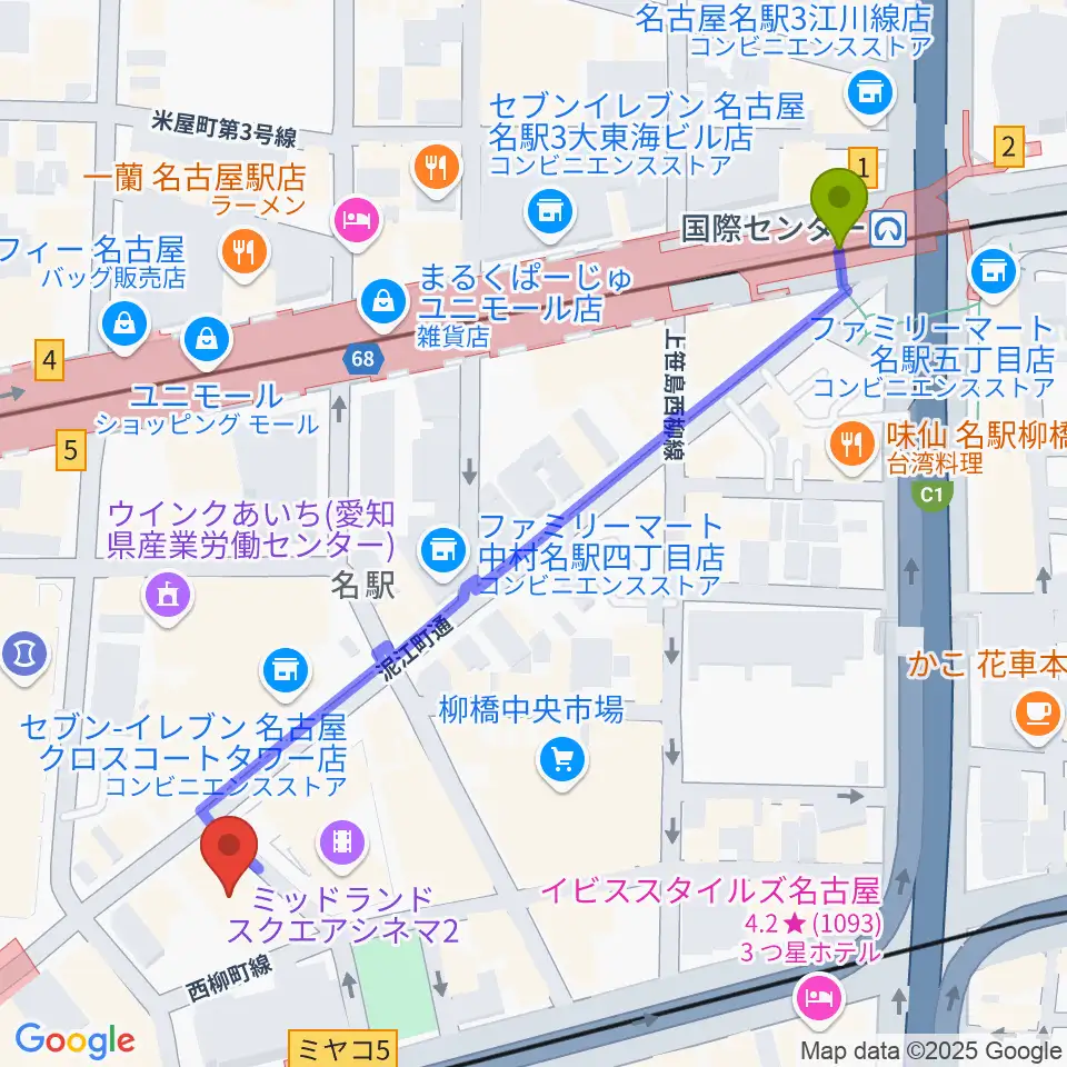 ミュージックアベニュー名駅の最寄駅国際センター駅からの徒歩ルート（約6分）地図