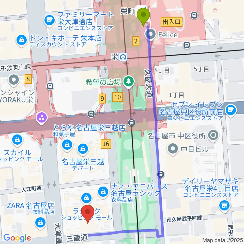 栄町駅からミュージックアベニュー栄 ヤマハミュージックへのルートマップ地図