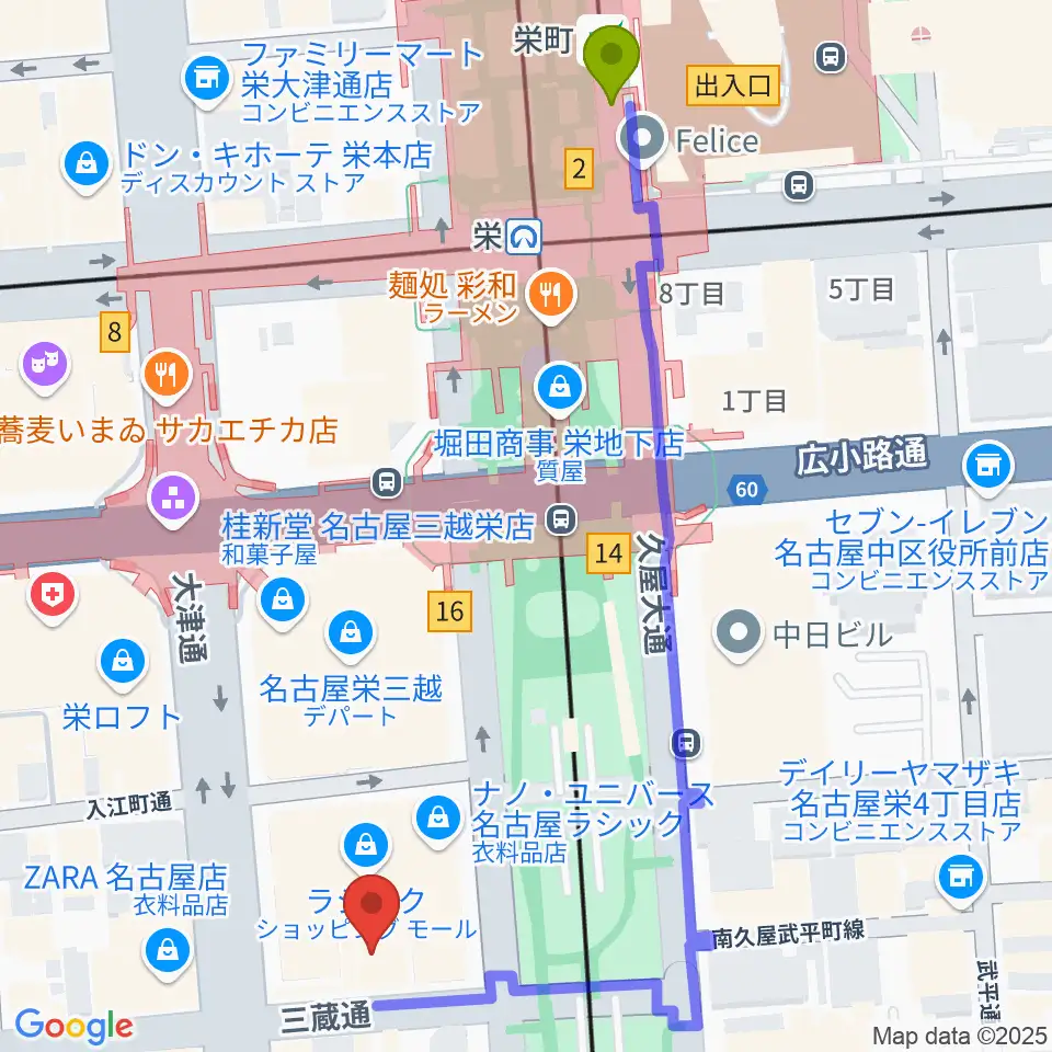 栄町駅からミュージックアベニュー栄 ヤマハミュージックへのルートマップ地図