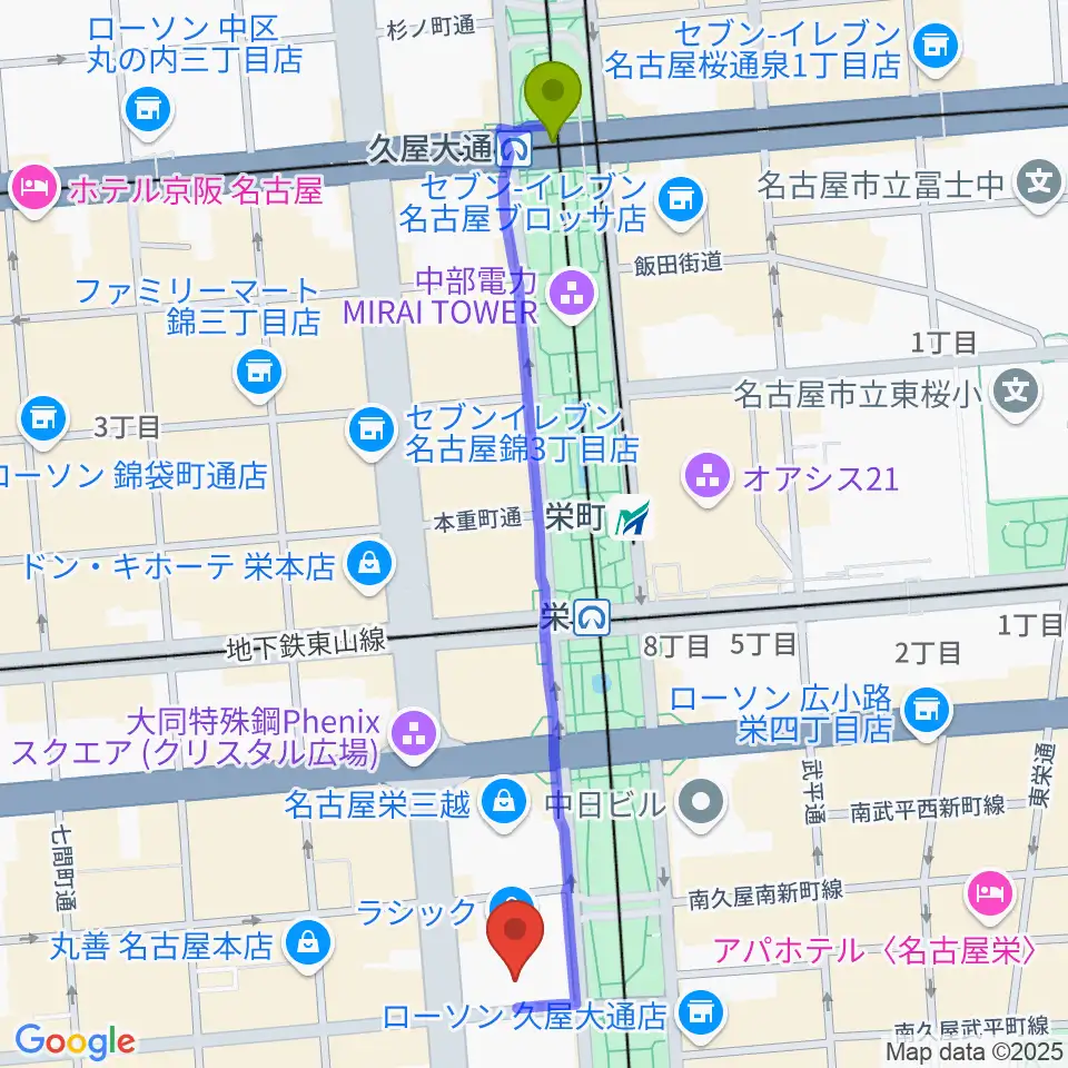 久屋大通駅からミュージックアベニュー栄 ヤマハミュージックへのルートマップ地図