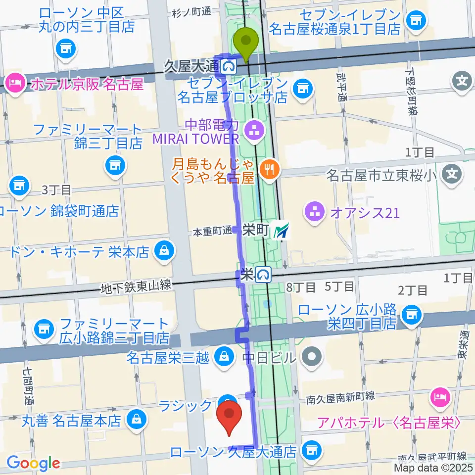 久屋大通駅からミュージックアベニュー栄 ヤマハミュージックへのルートマップ地図