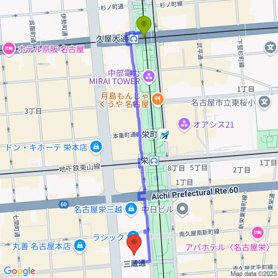 久屋大通駅からミュージックアベニュー栄 ヤマハミュージックへのルートマップ地図
