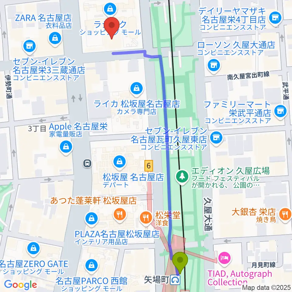 ミュージックアベニュー栄 ヤマハミュージックの最寄駅矢場町駅からの徒歩ルート（約7分）地図