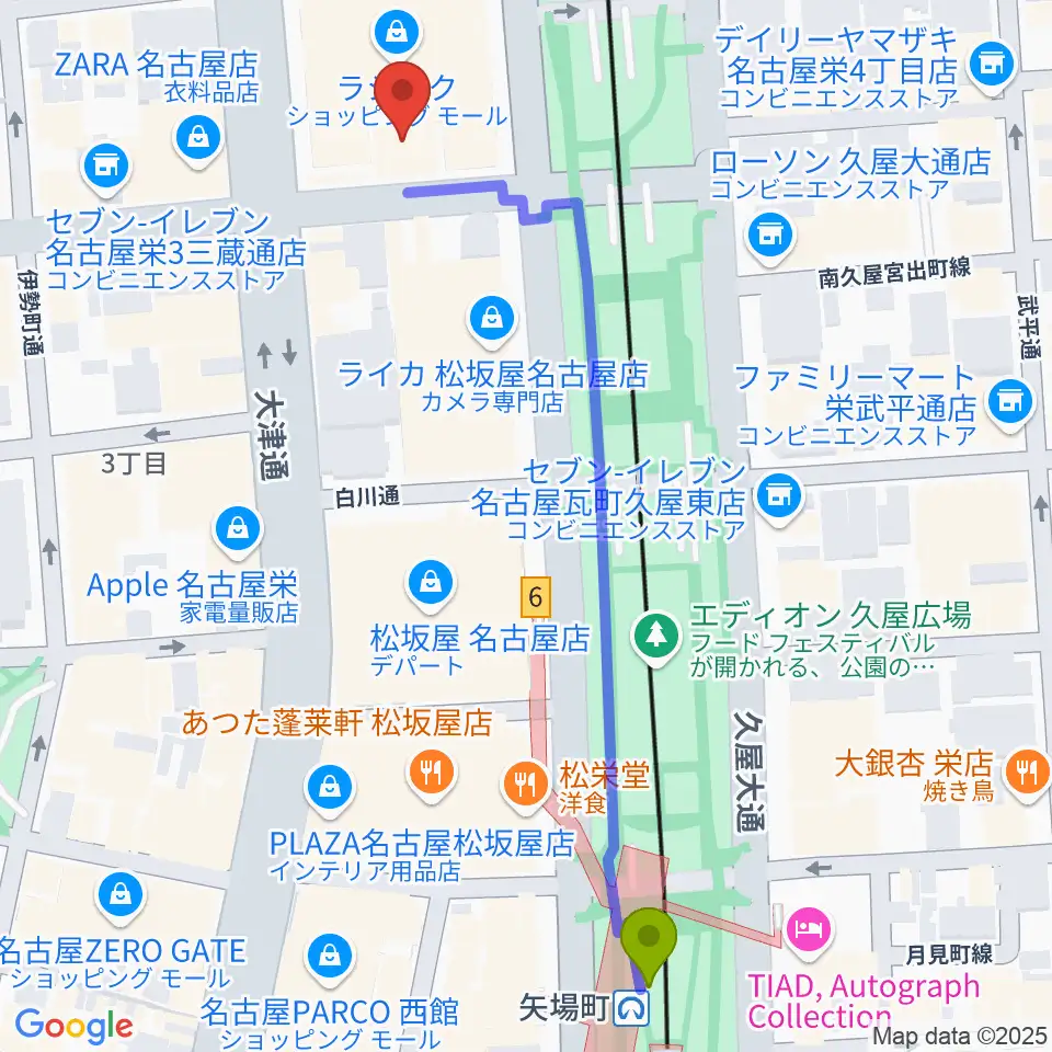 ミュージックアベニュー栄 ヤマハミュージックの最寄駅矢場町駅からの徒歩ルート（約7分）地図