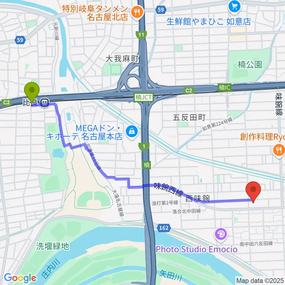 比良駅から味鋺音楽センター ヤマハミュージックへのルートマップ地図